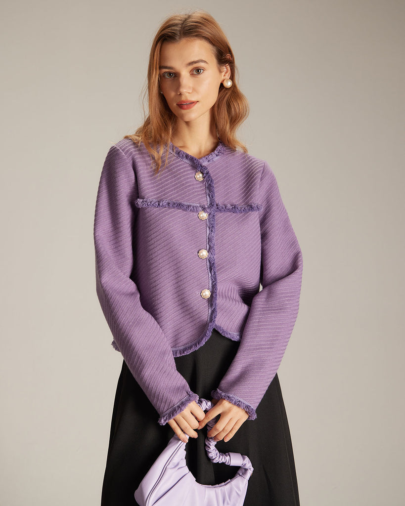 The Purple Crew-neck Fuzzy Trim Jacket Purple Outerwear - RIHOAS