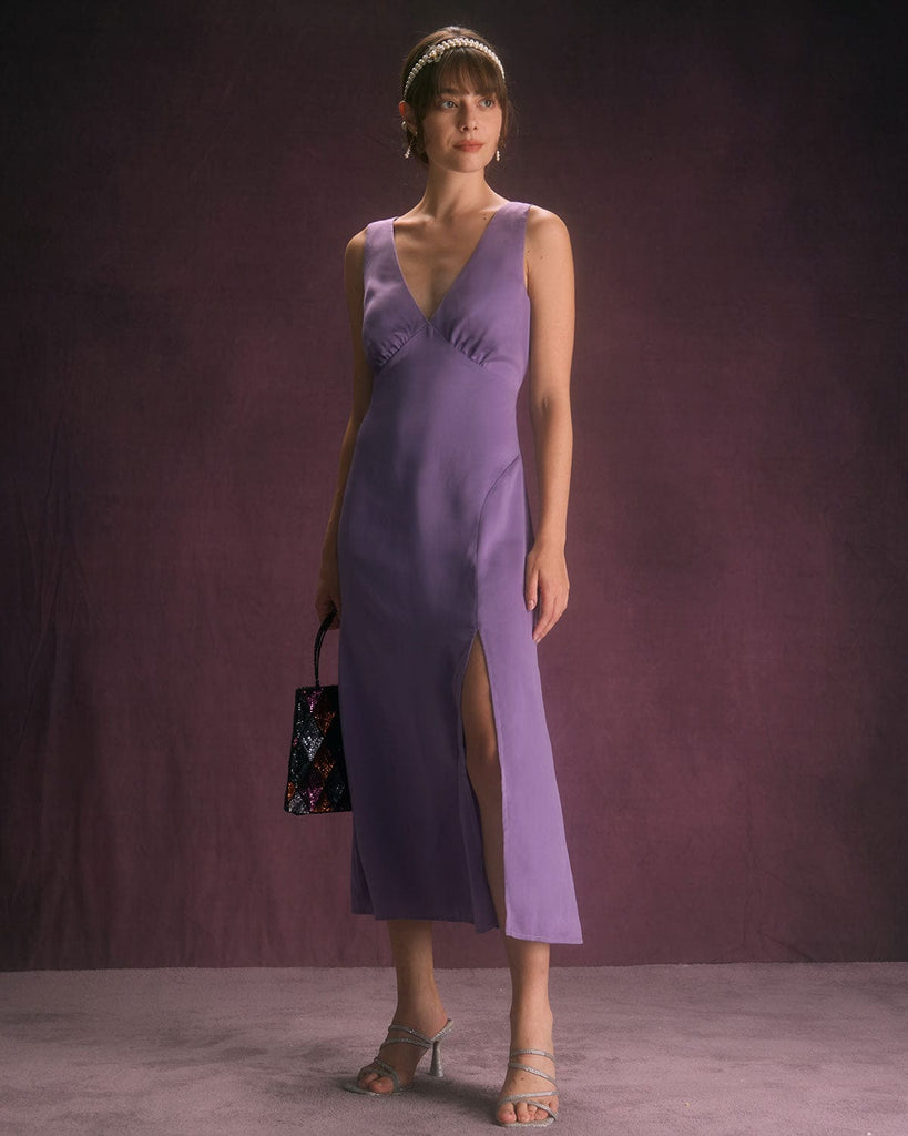 The Purple V Neck Split Hem Midi Dress Dresses - RIHOAS