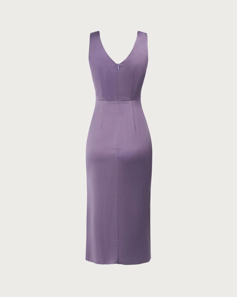 The Purple V Neck Split Hem Midi Dress Dresses - RIHOAS
