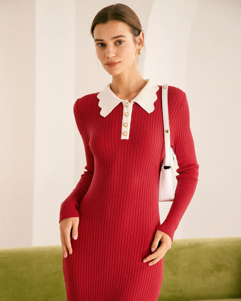 The Red Collared Colorblock Sweater Dress Dresses - RIHOAS