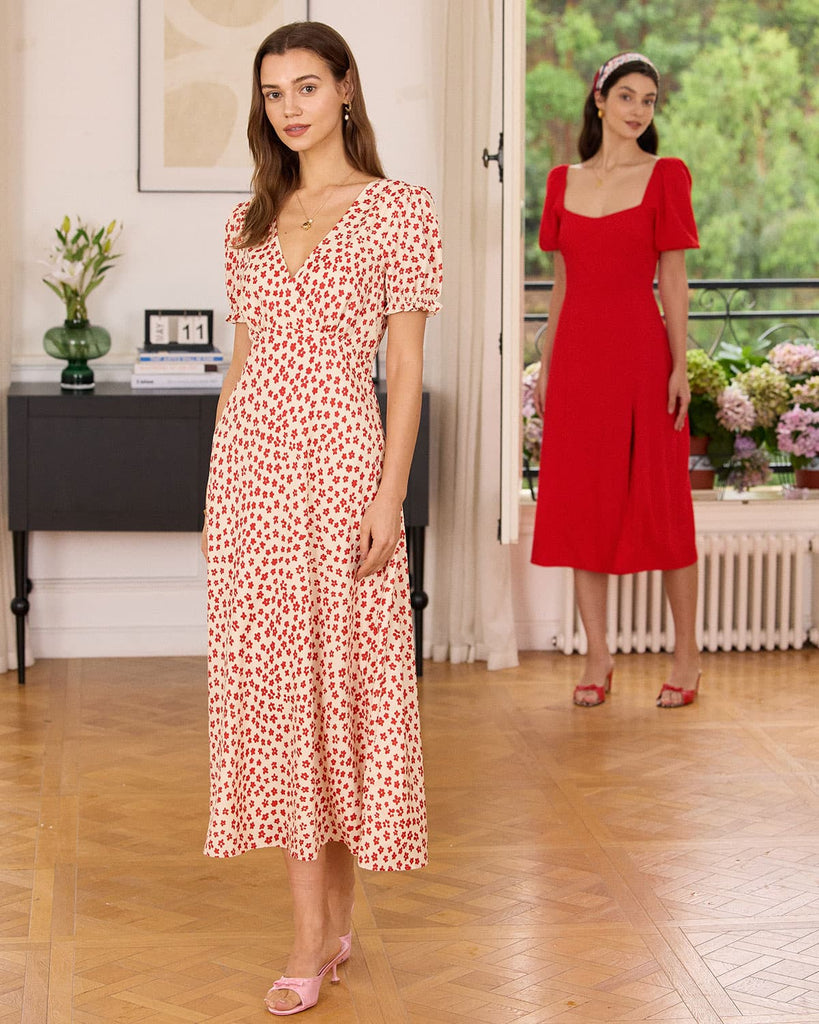 The Red Floral Puff Sleeve Maxi Dress Dresses - RIHOAS