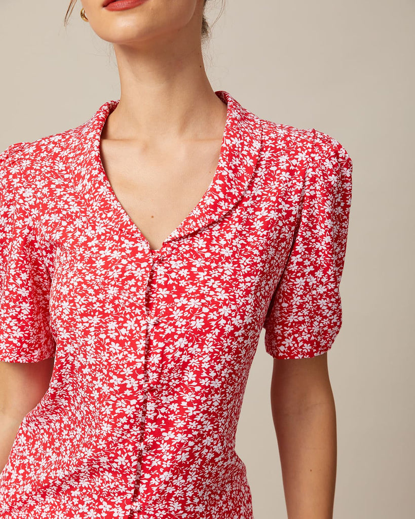 The Red Floral Puff Sleeve Shirt Tops - RIHOAS
