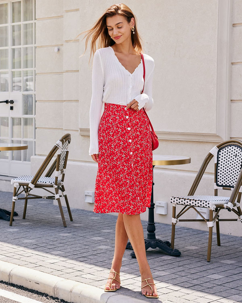 The Red Floral Single-breasted Midi Skirt Bottoms - RIHOAS