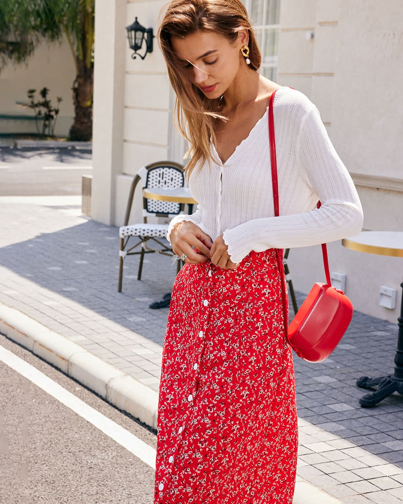The Red Floral Single-breasted Midi Skirt Bottoms - RIHOAS