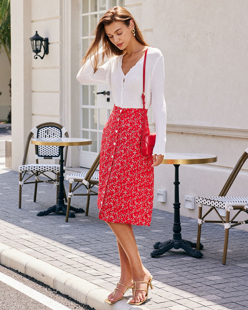 The Red Floral Single-breasted Midi Skirt Bottoms - RIHOAS