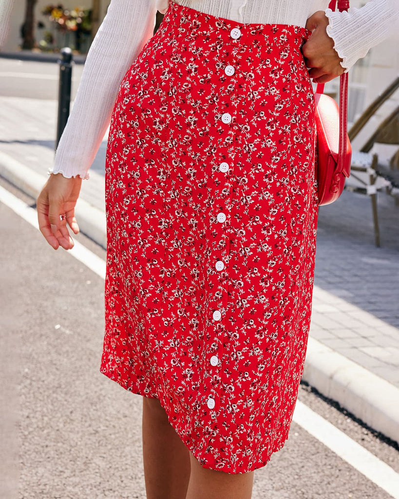 The Red Floral Single-breasted Midi Skirt Bottoms - RIHOAS