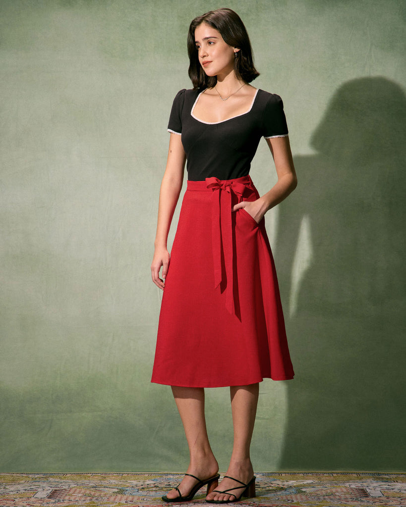 The Red High Waisted Solid Midi Skirt Bottoms - RIHOAS