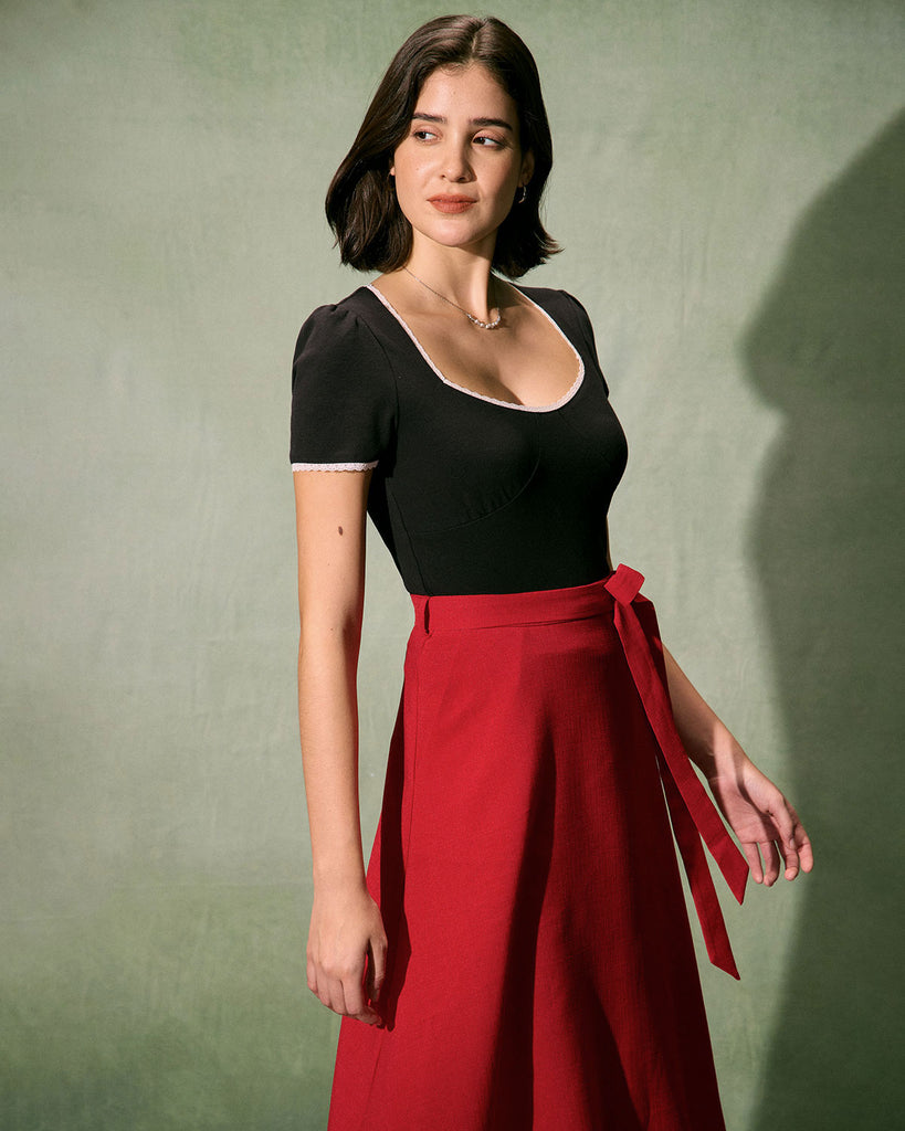 The Red High Waisted Solid Midi Skirt Bottoms - RIHOAS