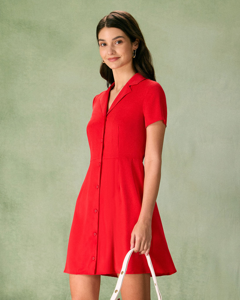 The Red Lapel Button Mini Dress Dresses - RIHOAS