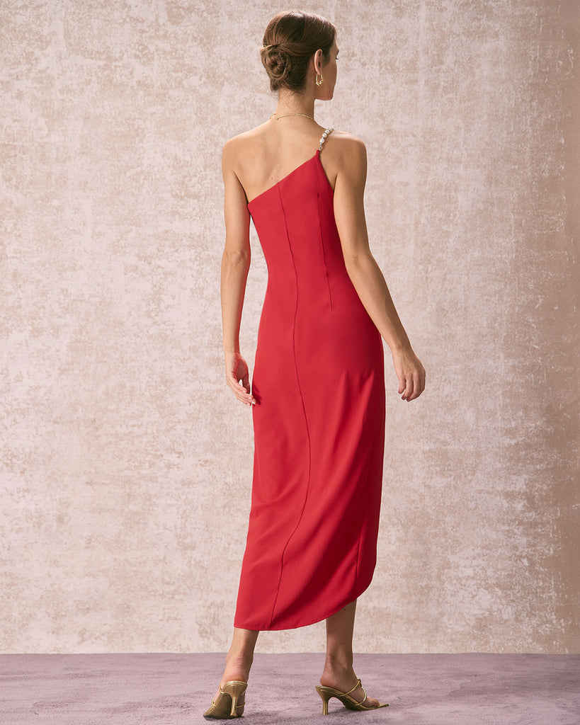 The Red One Shoulder Pearl Strap Maxi Dress Dresses - RIHOAS