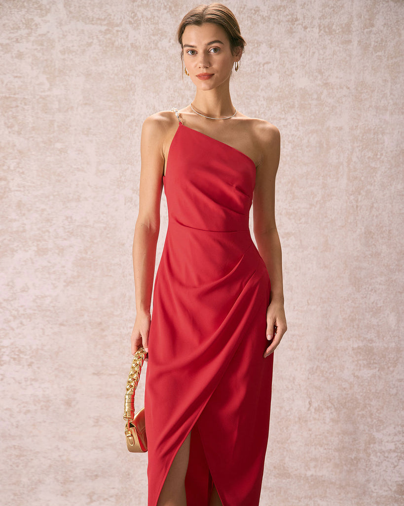 The Red One Shoulder Pearl Strap Maxi Dress Dresses - RIHOAS