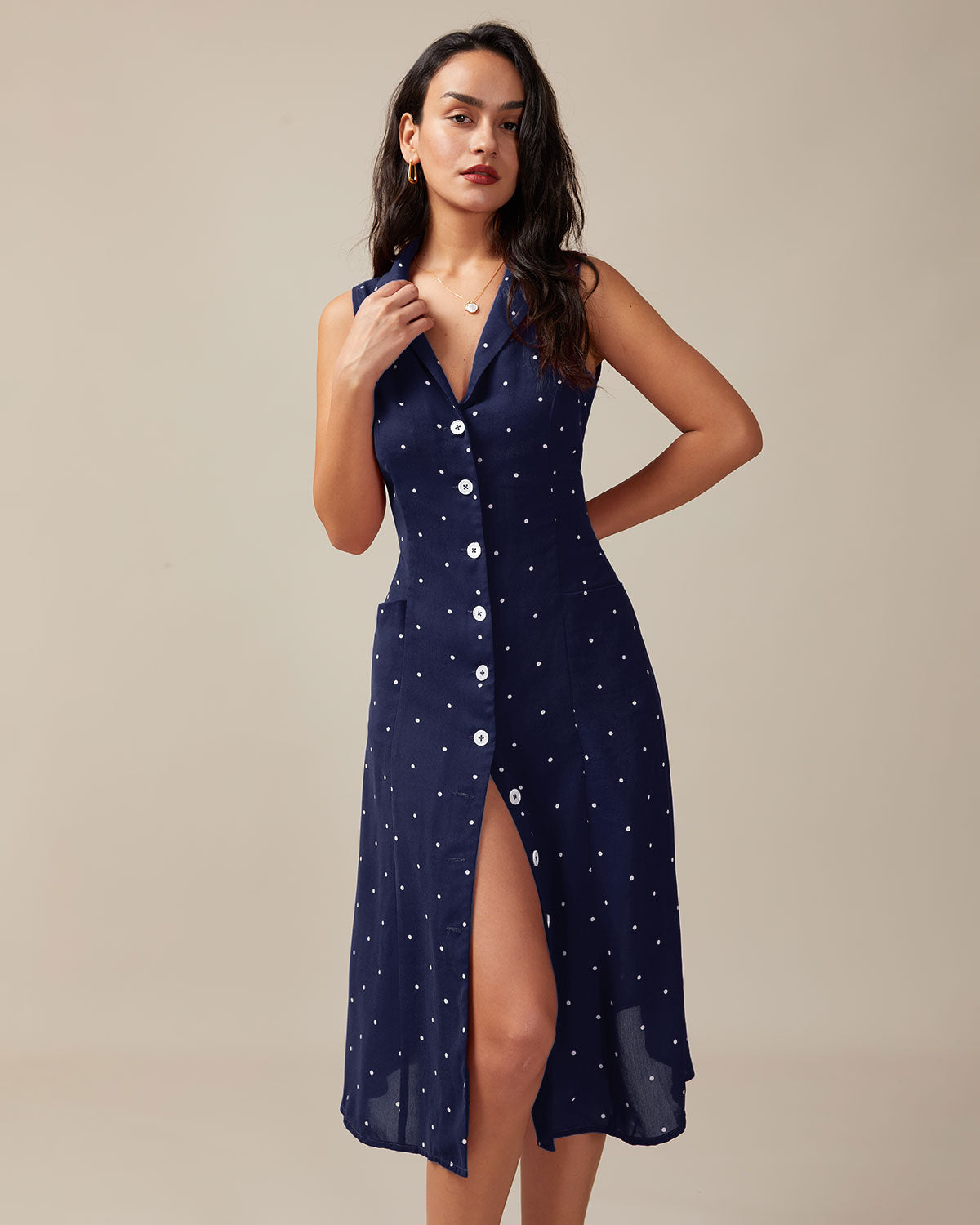 Rihoas Polka Dot Button Down Shirt Midi Dress | Lapel Collar A Line Dress for Work, Office, Summer Outings, Navy / L Rihoas Polka Dot Button Down Shirt Midi Dress | Lapel Collar A Line Dress for Work, Office, Summer Outings, Navy / L