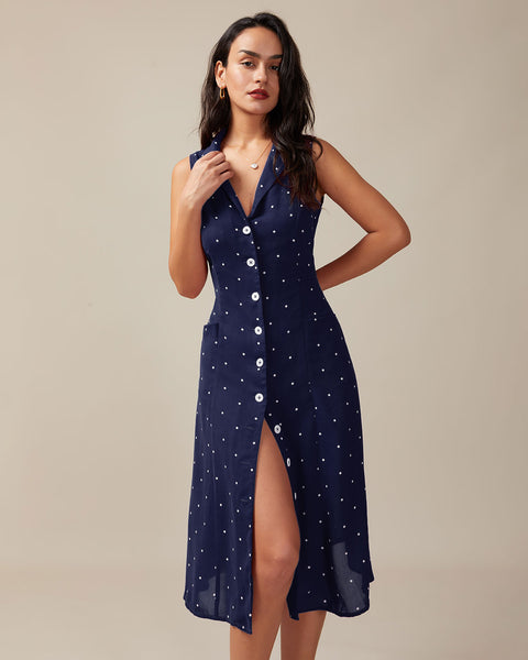 navy v bar binded midi dress Rihoas Polka Dot Button Down Shirt Midi Dress