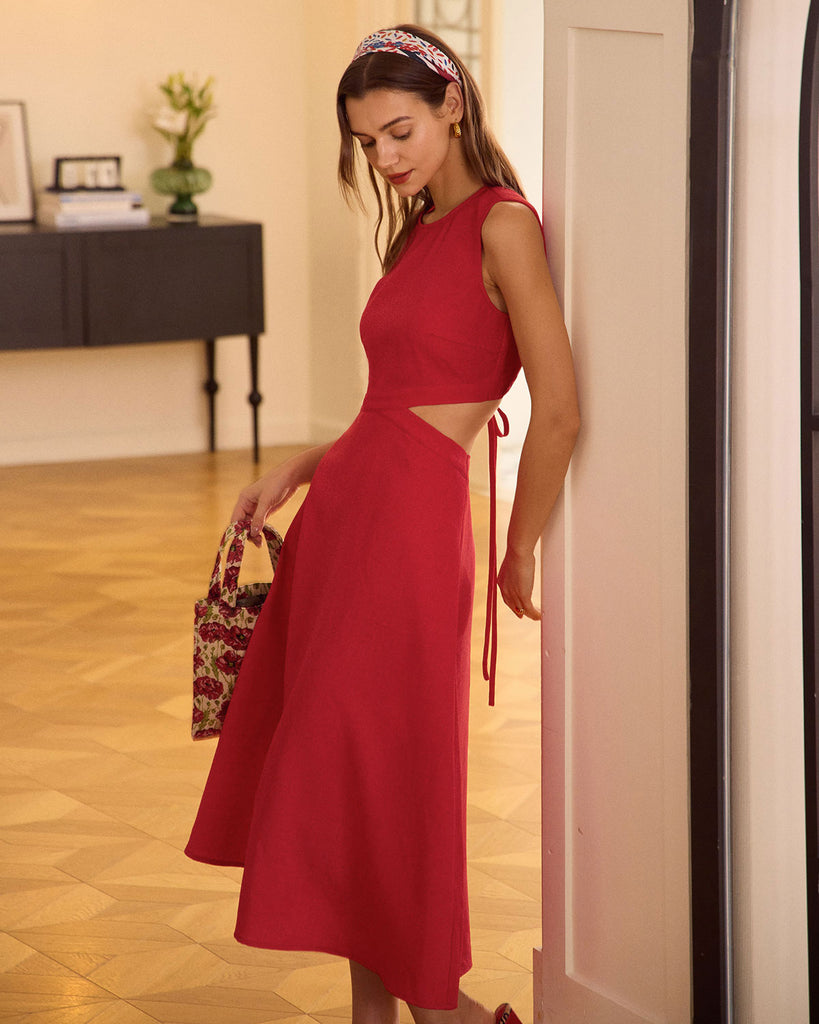 The Red Round Neck Cut Out Midi Dress Dresses - RIHOAS