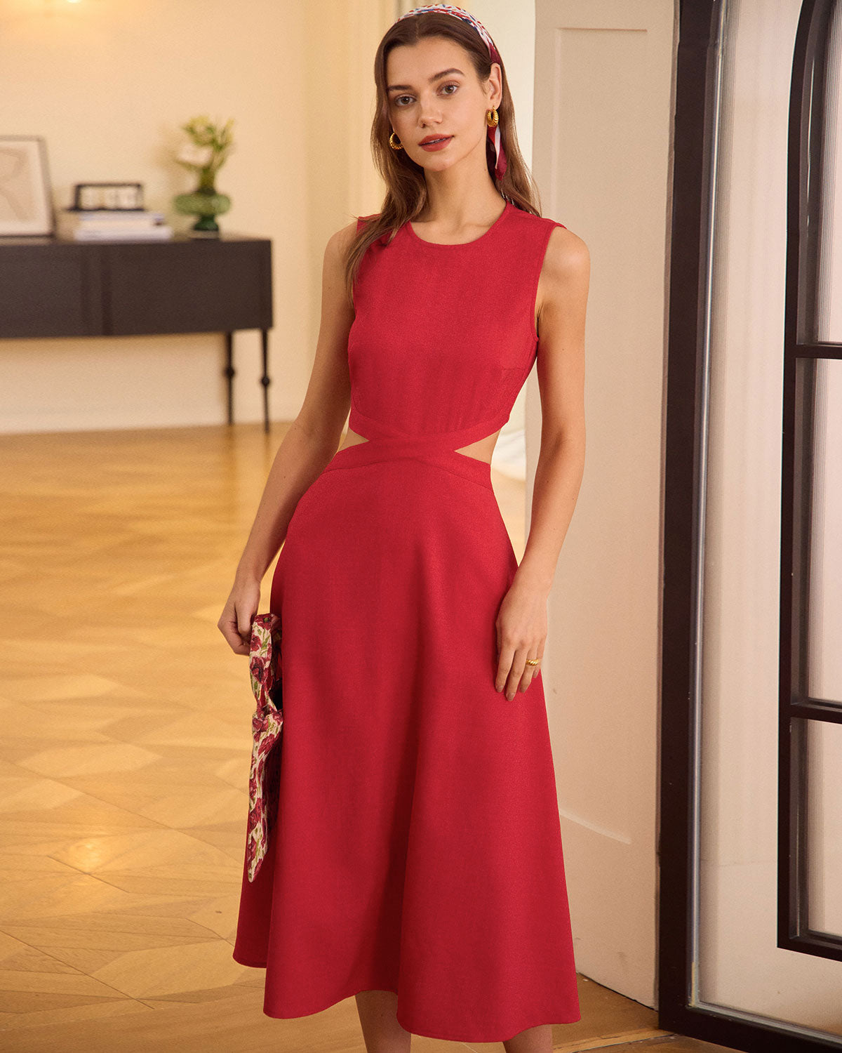 The Red Round Neck Cut-Out Midi Dress & Reviews - Red