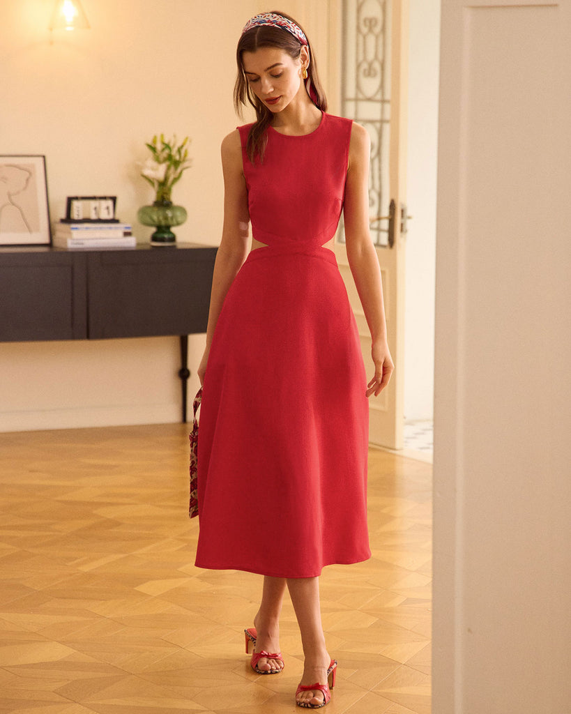 The Red Round Neck Cut Out Midi Dress Dresses - RIHOAS