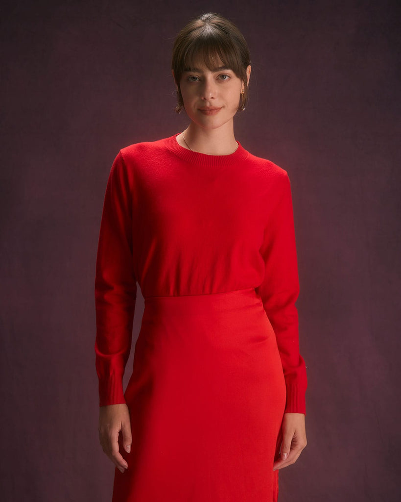 The Red Round Neck Sweater Red Tops - RIHOAS