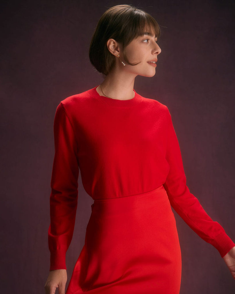 The Red Round Neck Sweater Tops - RIHOAS