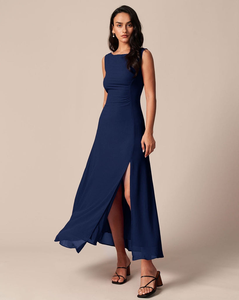 The Red Ruched Slit Maxi Dress Navy Dresses - RIHOAS