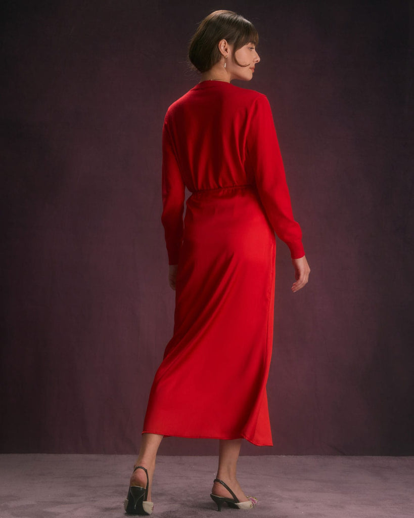 The Red Satin Midi Skirt Bottoms - RIHOAS
