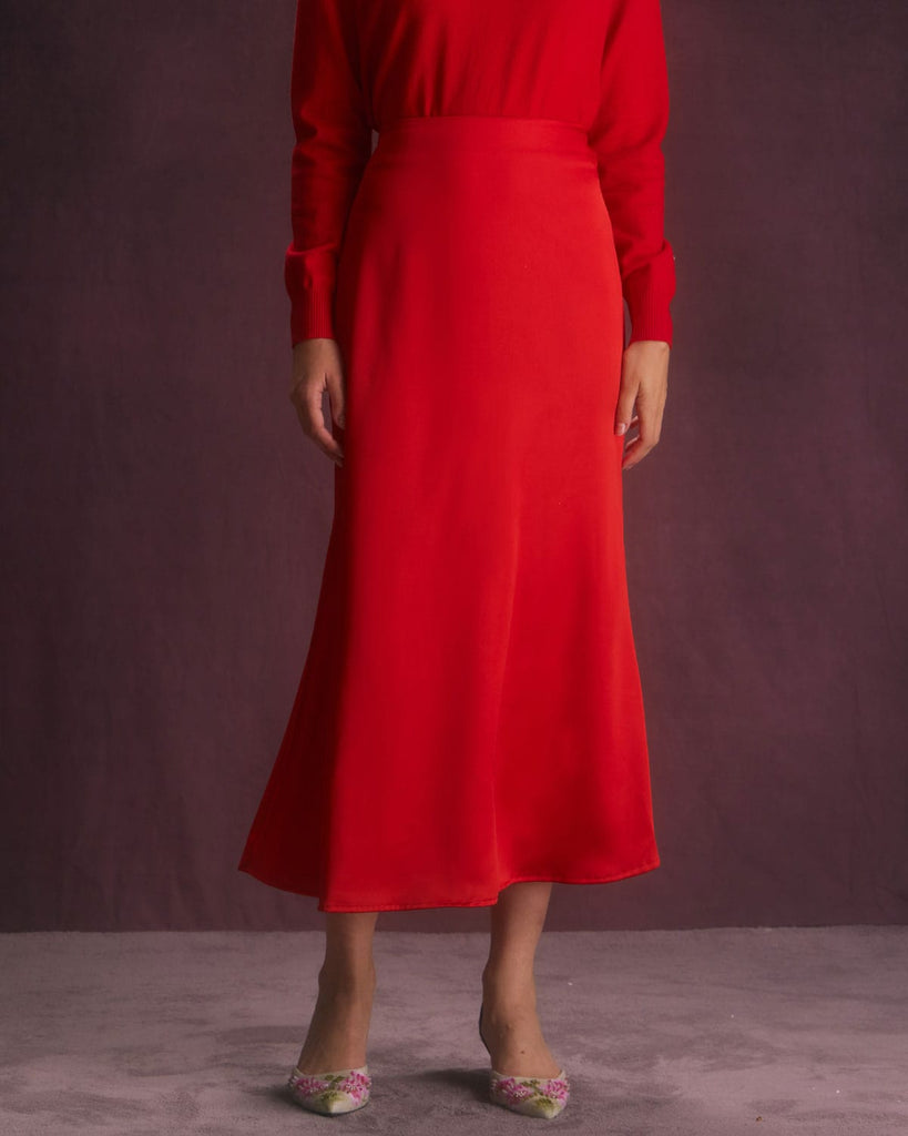 The Red Satin Midi Skirt Red Bottoms - RIHOAS