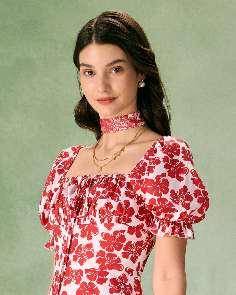 The Red Square Neck Floral Ruched Midi Dress Dresses - RIHOAS