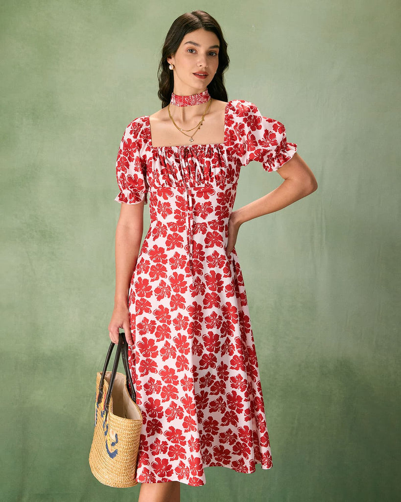 The Red Square Neck Floral Ruched Midi Dress Red Dresses - RIHOAS