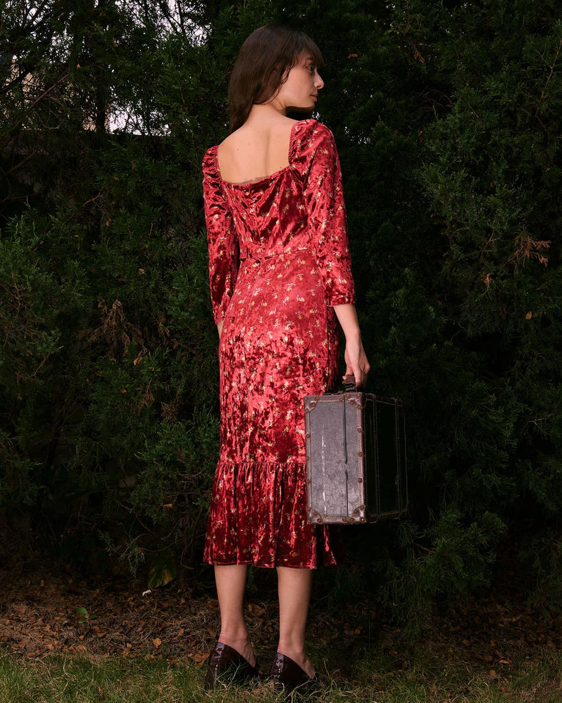 The Red Square Neck Velvet Midi Dress Dresses - RIHOAS