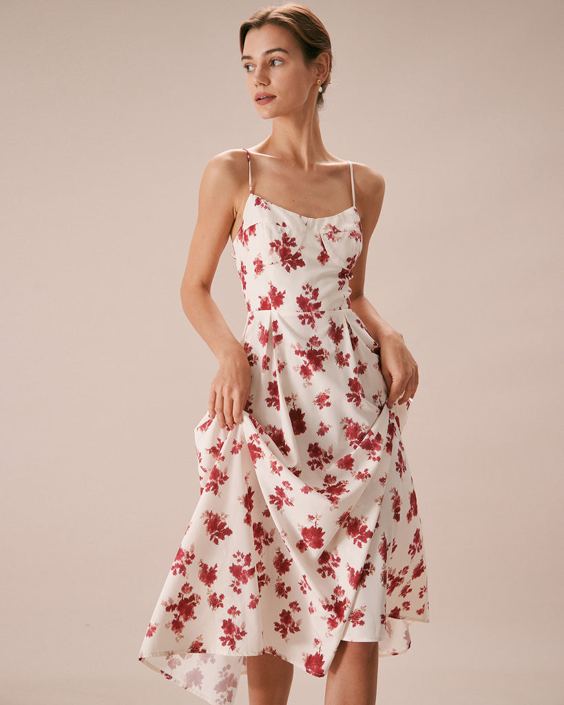 The Red Sweetheart Neck Floral Midi Dress Dresses - RIHOAS