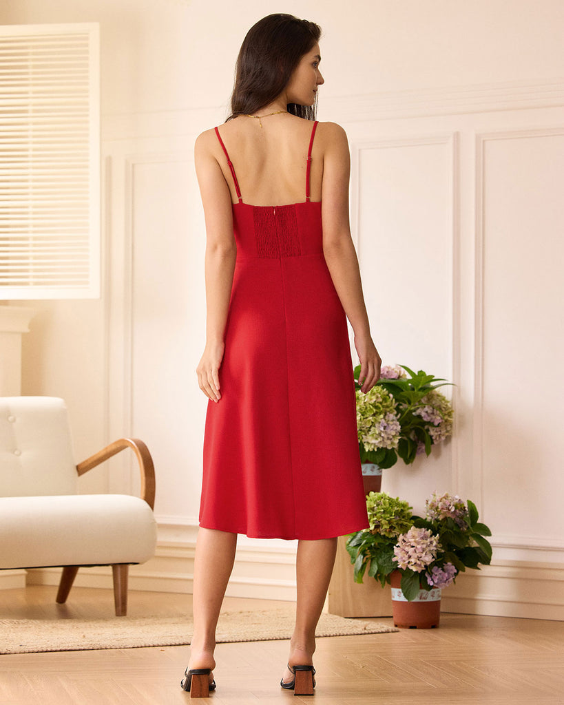 The Red Sweetheart Neck Slip Midi Dress Dresses - RIHOAS