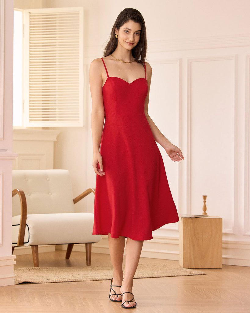 The Red Sweetheart Neck Slip Midi Dress Dresses - RIHOAS