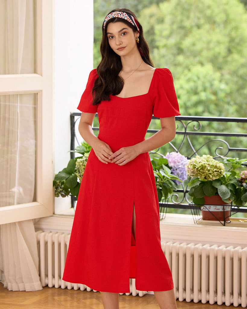 The Red Sweetheart Neck Slit Midi Dress Red Dresses - RIHOAS