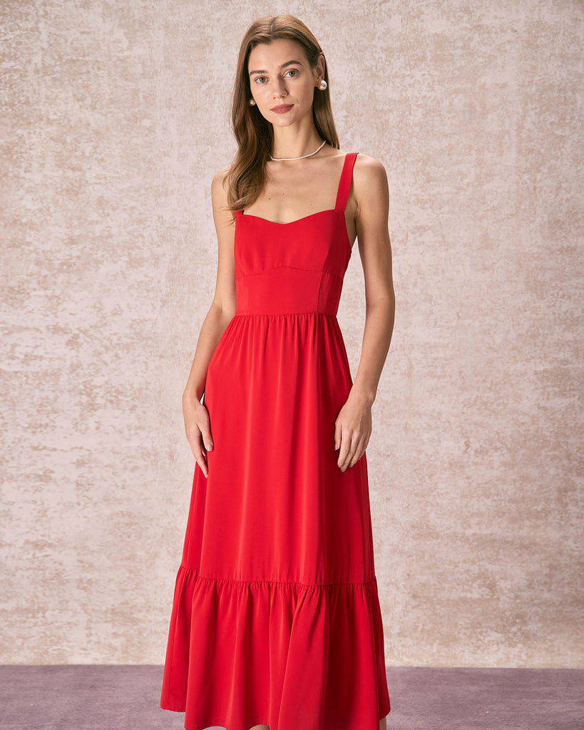 The Red Sweetheart Neck Solid Maxi Dress Red Dresses - RIHOAS