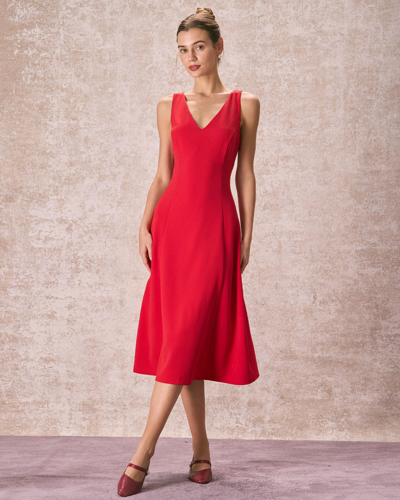 The Red V-Neck A-Line Dress Dresses - RIHOAS