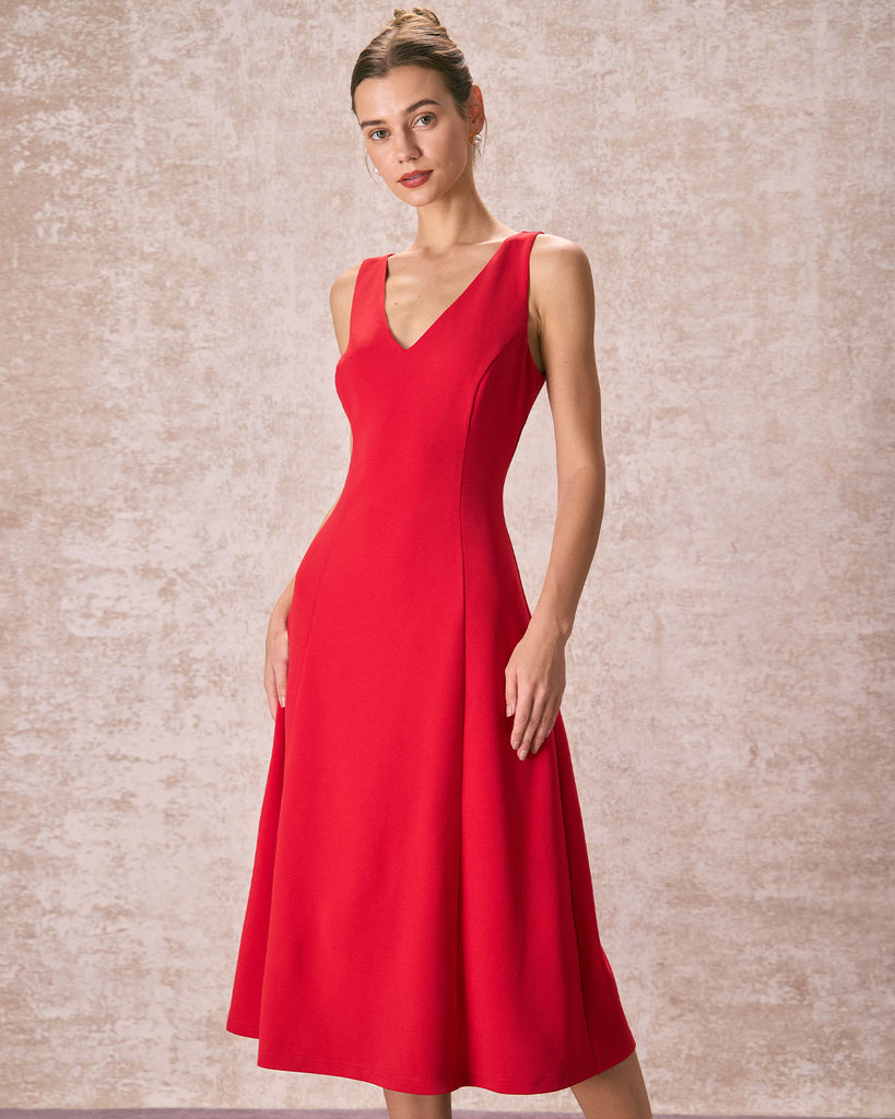 The Red V-Neck A-Line Dress Dresses - RIHOAS