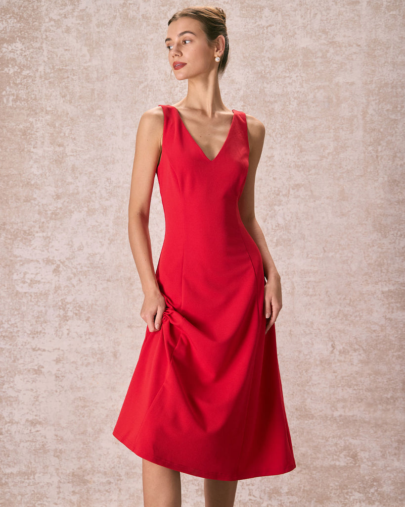 The Red V-Neck A-Line Dress Red Dresses - RIHOAS