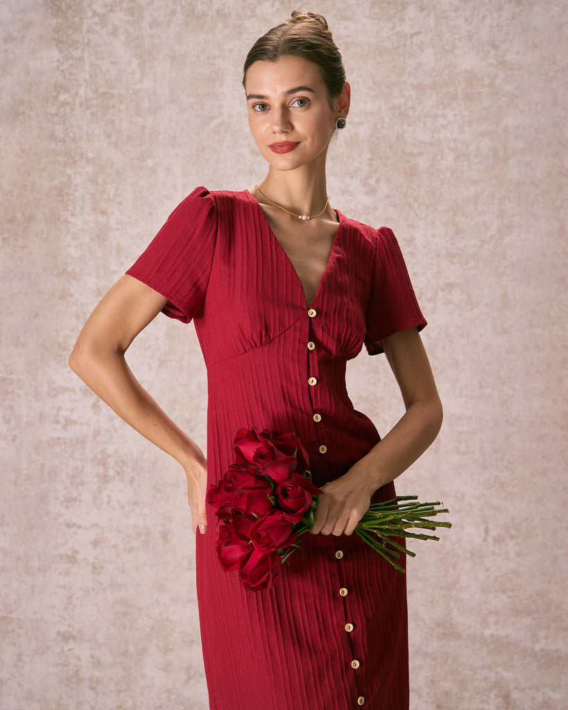 The Red V-Neck Puff Sleeve Midi Dress Dresses - RIHOAS