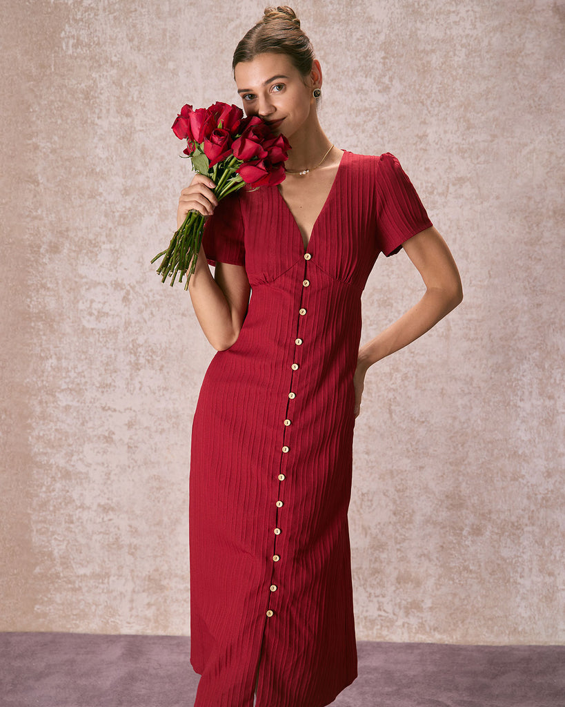 The Red V-Neck Puff Sleeve Midi Dress Red Dresses - RIHOAS