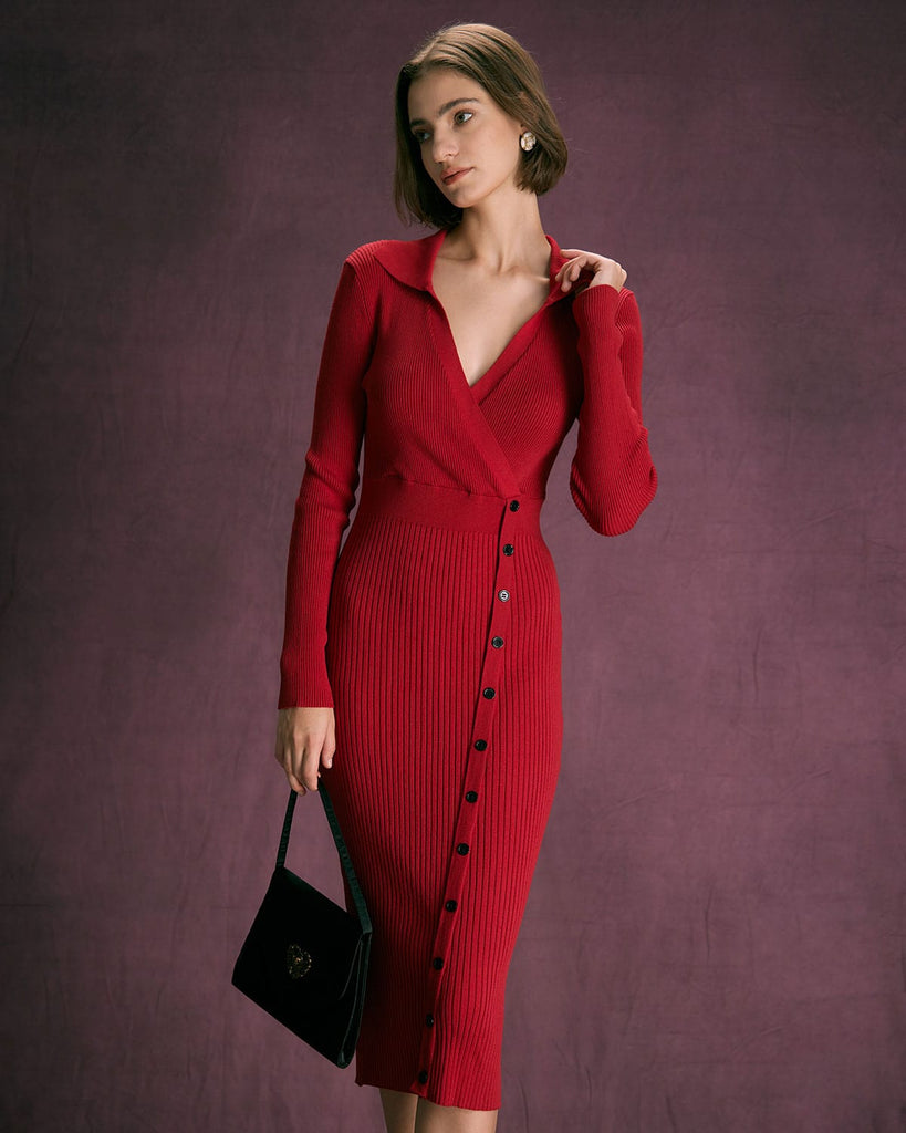 The Red V-Neck Wrap Button Midi Dress Dresses - RIHOAS