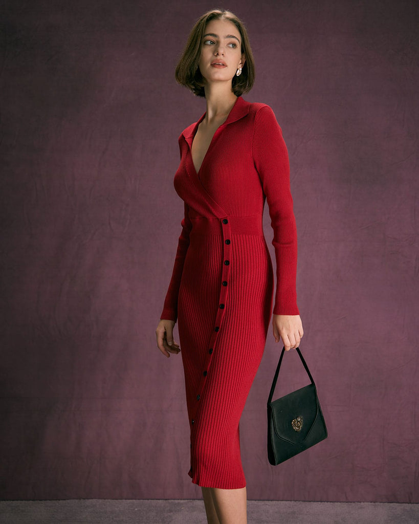 The Red V-Neck Wrap Button Midi Dress Dresses - RIHOAS