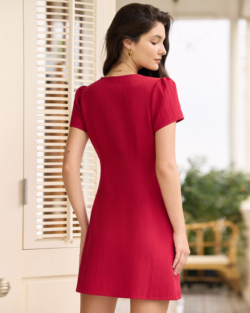 The Red V Neck Button Mini Dress Dresses - RIHOAS