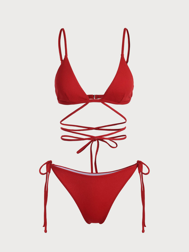 Red Criss Cross Ribbed Bikini Set Reviews Red Bikinis RIHOAS