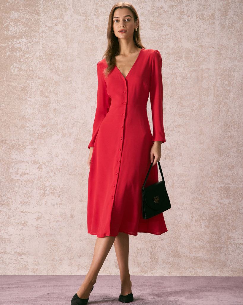 The Red V Neck Solid Long Sleeve Midi Dress Dresses - RIHOAS