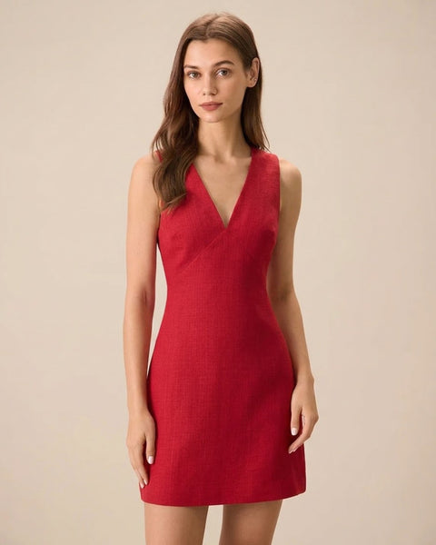 fitted lace wedding dress The Red V Neck Sleeveless Linen Mini Dress & Reviews - Red - Dresses