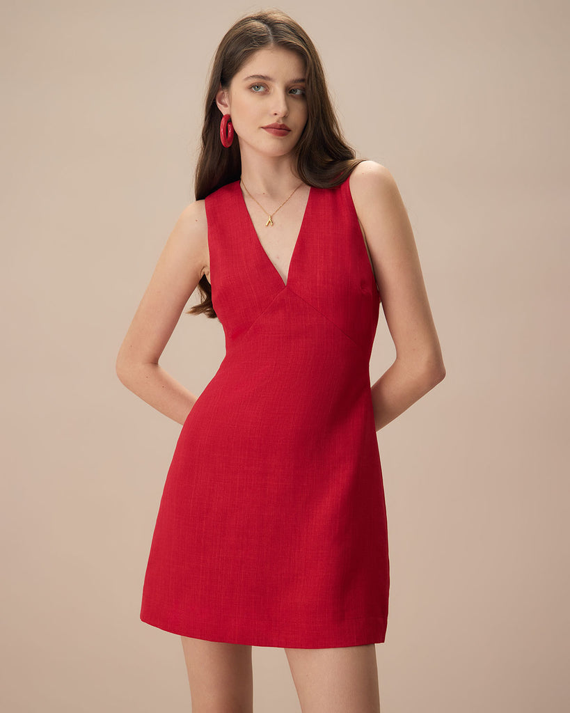 The Red V Neck Solid Mini Dress Red Dresses - RIHOAS