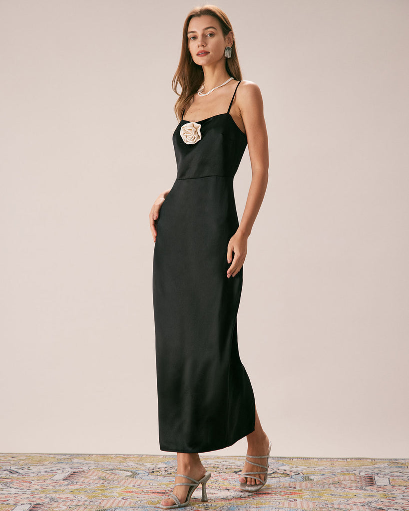 The Rosette Satin Maxi Dress Black Dresses - RIHOAS