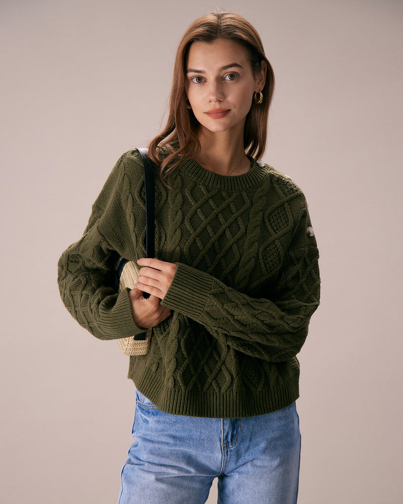 The Round Neck Button Shoulder Sweater Green Tops - RIHOAS