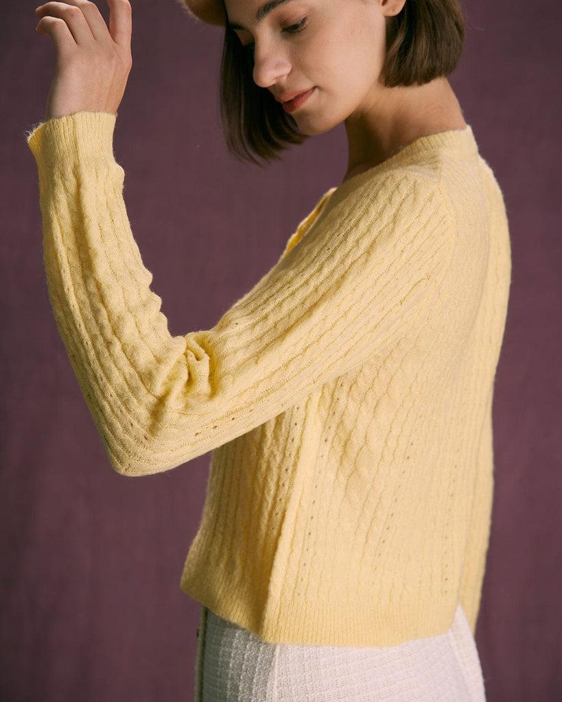 The Round Neck Cable Pointelle Cardigan Tops - RIHOAS