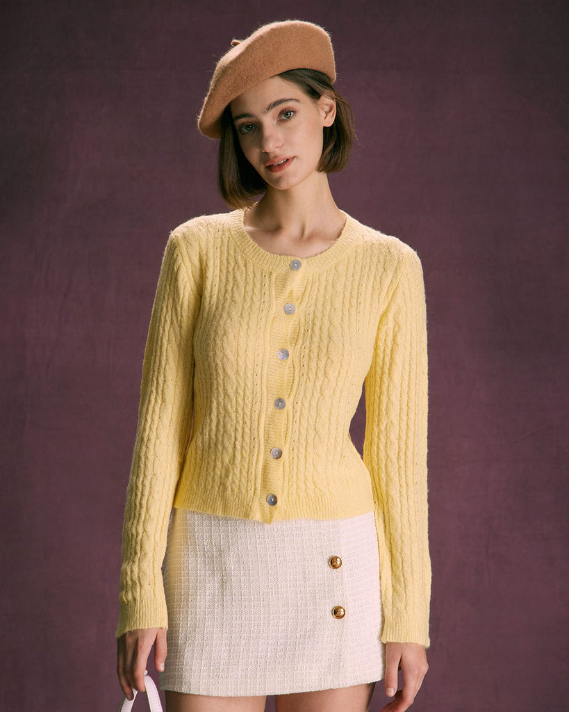 The Round Neck Cable Pointelle Cardigan Yellow Tops - RIHOAS