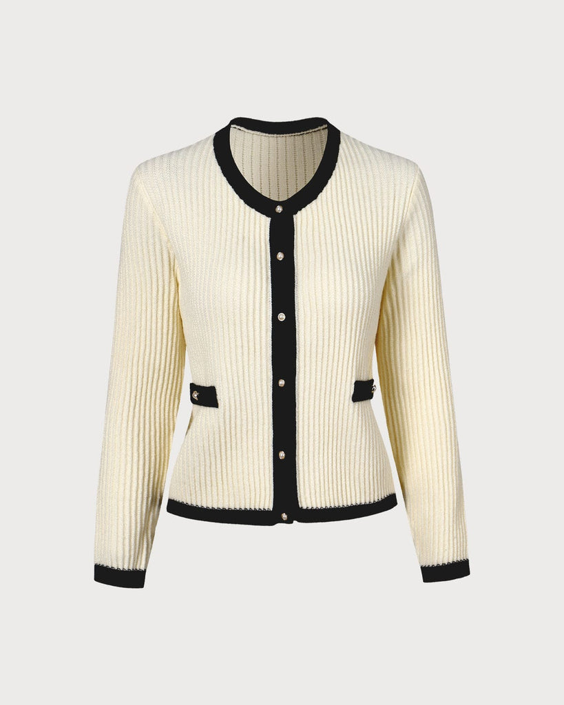 The Round Neck Contrast Trim Cardigan Beige Tops - RIHOAS